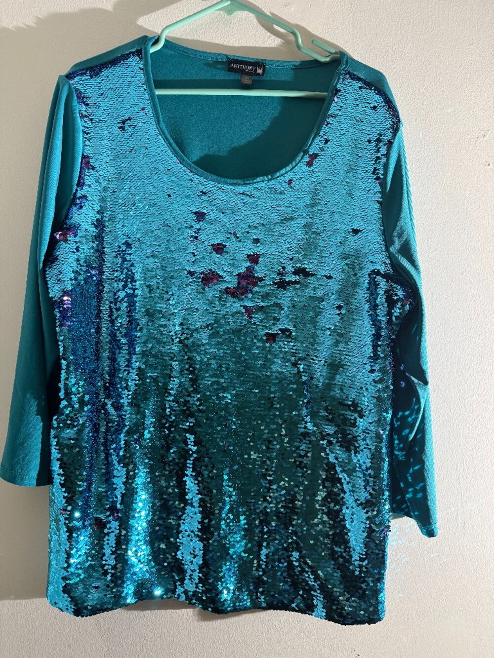 Anthony Originals Teal Ombre Flip Sequin 3/4 Sleeve Tonic Top | XL